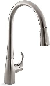KOHLER 596-VS Simplice Pull Down Kitchen Faucet, 3-Spray Faucet, Kitchen Sink Faucet with Pull Down Sprayer, Vibrant Stainless, High Arch