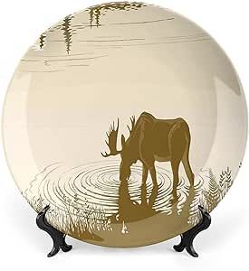 XISUNYA 10 Inch Decorative Plate, Animal Dinner Plate, Elk Drinking Water in Lake River Forest Scenery Print Ornament Display Plate Decor Accessory for Dining, Parties, Wedding