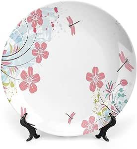 XISUNYA 8 Inch Decorative Plate, Dragonfly Dinner Plate, Dragonflies Flower Field Spring Season Print Ceramic Wall Hanging Decor Accessory for Dining Table Tabletop Home Decor