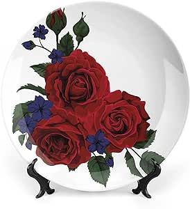 8 Inch Decorative Plate,Rose Dinner Plate, Blooming Red Roses Gentle Wild Flowers Leave Print Ceramic Wall Hanging Decor Accessory for Dining Table Tabletop Home Decor, Ruby Violet Blue Hunter Green