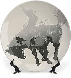 XISUNYA 10 Inch Decorative Plate, Western Dinner Plate, Cowboy Chasing Wild Horse in Desert Print Ceramic Wall Hanging Decor Accessory for Dining Table Tabletop Home Decor