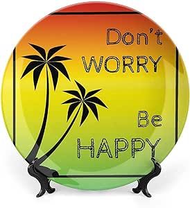 XISUNYA 10 Inch Decorative Plate, Rasta Dinner Plate, Dont Worry Be Happy Music Quote of Iconic Singer Palms Ombre Print Ornament Display Plate Decor Accessory for Dining, Parties, Wedding