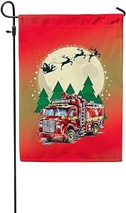 Firefighter Fire Truck Christmas Tree Garden Flag Canvas 12x18 Inches for Fireman Firefighter Gifts Idea Merch Outdoor Decoration - 010