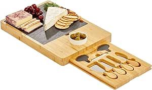 mDesign Serving Charcuterie Boards/Accessories - Wood and Slate Appetizer Holder Board with Cheese Knife Set, Ceramic Bowl, Chalk Pencils, and Label Flags - Natural Wood
