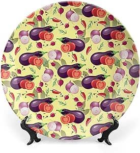 XISUNYA 7 Inch Decorative Plate, Eggplant Dinner Plate, Tomato Relish Onion Going Green Tasty Preserve Print Ceramic Wall Hanging Decor Accessory for Dining Table Tabletop Home Decor