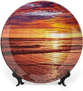 XISUNYA 10 Inch Decorative Plate, Hawaiian Decor Dinner Plate, Dramatic Picture of Sunset Over Beach Sunlights Print Ceramic Wall Hanging Decor Accessory for Dining Table Tabletop Home Decor