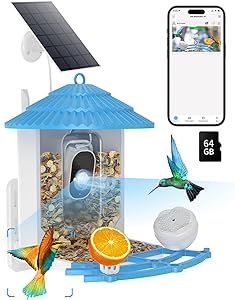 Smart Bird Feeder with Camera Solar Powered, Wireless Outdoor, Real Time Video Watch Bird House, Build-in 64GB TF Card, AI Identify Bird, 2K Night Vision, Idea Gift for Bird Lover