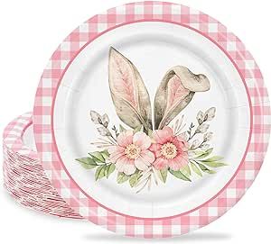 AnyDesign 24Pcs Easter Paper Plates Pink Plaid Bunny Ear Disposable Plates Cute Rabbit Floral Decorative Dinner Plates for Spring Birthday Baby Shower Wedding Party Table Decor