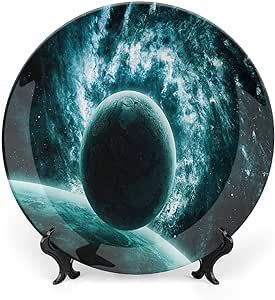 XISUNYA 6 Inch Decorative Plate, Space Dinner Plate, Solar System Landscape with Planet Motion UFO Asteroid Print Ornament Display Plate Decor Accessory for Dining, Parties, Wedding, Teal