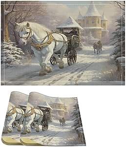 Winter Snow Horse Placemat Set of 2 Animal Horse Heat Resistant Washable Table Mats Non-Slip Stain Resistant Pad Dinner Mats Cotton Linen Table Mat Home Kitchen Restaurant Party Decoration