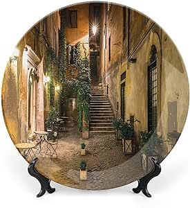 XISUNYA 10 Inch Decorative Plate, Italian Decor Dinner Plate, Old Courtyard in Rome Italy Cafe Chairs City Print Ceramic Wall Hanging Decor Accessory for Dining Table Tabletop Home Decor
