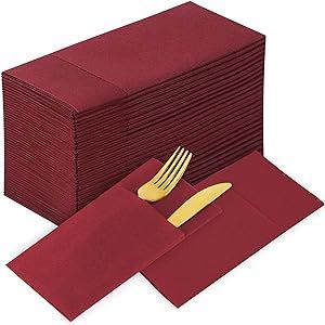 KAMMAK 100 Pack Disposbale Burgundy Cloth like Paper Dinner Napkins Folded,Premium Thick Paper Napkins Build in Flatware Pocket,Long Hand Paper Towel for Party Christmas Wedding Bathroom and Events