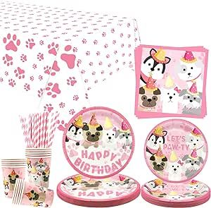 Obussgar Dog Party Decorations, Pink Puppy Paw Birthday Party Tableware Supplies including 9" Dinner Plates, 7" Dessert Plates, Napkins, Cups, Straw,Tablecloth for Puppy Party Decorations -Serves 20