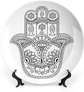 XISUNYA 7 Inch Decorative Plate, Hamsa Dinner Plate, Vintage Icon with Paisley Fishes and Flowers Evil Eye Print Ceramic Wall Hanging Decor Accessory for Dining Table Tabletop Home Decor