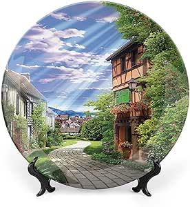 10 Inch Decorative Plate, Landscape Dinner Plate, Old Green Alley with Flowers and Stone Road Houses Print Ceramic Wall Hanging Decor Accessory for Dining Table Tabletop Home Decor, Multicolor