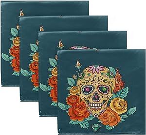 Holiday Cloth Napkins Dinner Napkin - Colorful Skull Rose Reusable Table Napkins 20x20in Washable Polyester Napkins for Wedding Reception Baby Shower Set of 6