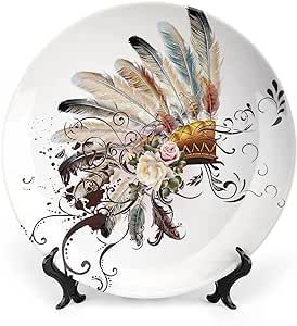 XISUNYA 10 Inch Decorative Plate, Feather Ceramic Plate, Tribal American with Floral Head Wear Flowers Swirls Print Ornament Display Plate Decor Accessory for Dining, Parties, Wedding