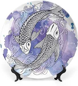 XISUNYA 10 Inch Decorative Plate, Koi Fish Ceramic Craft, Sketch Art Japanese Carps on Purple Background Print Ornament Display Plate Decor Accessory for Dining, Parties, Wedding