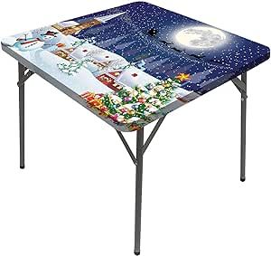 JUNTAIY Christmas Tablecloths, Winter Snowman Xmas Tree Santa Sleigh Home Decorative Tablecloths, Fits 36x36 inch Table, Great for Home Kitchen/Parties/Holiday Dinner, Blue White