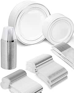330 Silver Party Plastic Plates with Disposable Silverware and Cups, Party Supplies Dinnerware Set for 55 Guest, Decorative Tableware Cutlery for Wedding, Party, Birthday, Graduation, Festivals