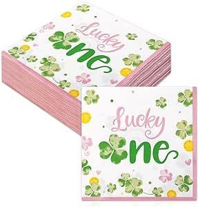 Pink St. Patrick's Day Napkins Lucky One Birthday Decorations Shamrock March Girl's First Birthday Party Paper Napkins Clover Dessert Dinner Bathroom Table Decor Irish Event Party Supplies Set of 50