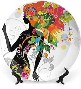 XISUNYA 6 Inch Decorative Plate, Colorful Dinner Plate, Madame Butterflies Modern Spring Spiral Circles Leaf Girl Print Ornament Display Plate Decor Accessory for Dining, Parties, Wedding