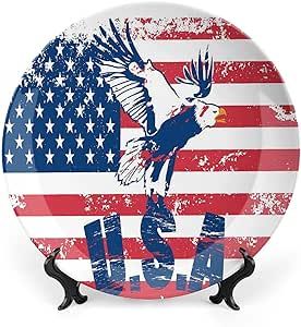 XISUNYA 7 Inch Decorative Plate, United States Dinner Plate, American National Flag with Eagle Print Ceramic Wall Hanging Decor Accessory for Dining Table Tabletop Home Decor, Navy White Red
