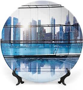 XISUNYA 10 Inch Decorative Plate, Office Decor Dinner Plate, Urban Cityscape View with Skyscrapers Buildings Print Ceramic Wall Hanging Decor Accessory for Dining Table Tabletop Home Decor
