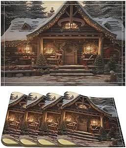 Rustic Christmas Woodland Cabin Placemats Set of 4 Winter Wonderland Heat Resistant Place Mats Dining Placemats Cotton Linen Pad Placemat Centerpiece for Dining Table Seasonal Christmas Table Mats