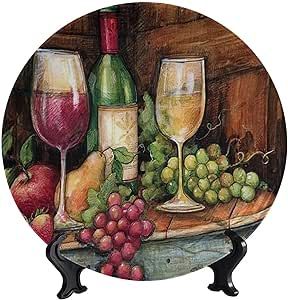 LIGUTARS Still Life Fruit Ceramic Hanging Decorative Plate, 10 Inch, Red Wine and Grapes with Stand Dish for Table Accessory Decor Display Kitchen Wall Dinner Plate Dessert Home Office