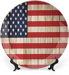 XISUNYA 8 Inch Decorative Plate, Rustic American USA Flag Dinner Plate, Independence Day Damaged Wooden Fence Print Ornament Display Plate Decor Accessory for Dining, Parties, Wedding, Muticolor