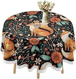 MCHIVER Fall Thanksgiving Fox Waterproof Tablecloth for Round Tables Tablecloths Lace Table Cloth Outdoor Dining Table Cover Picnic Table Cover Cafe Dining Table Buffet Dinner Decorative 60 Inch