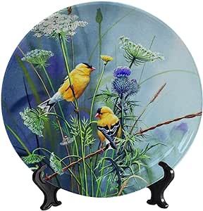 LIGUTARS Flowers and Birds Ceramic Decorative Plate, 8 Inch, Singing Bird on Branch Decorative Dish with Stand Ceramic Ornament for Display Kitchen Dinner Plate Dessert Dish Home Office Wall Decor