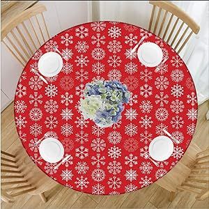 Round Edge Closing Tablecloth, Christmas Waterproof and erasable Tablecloth With Elastic Edge, With Red Pink And Green Snowflake, Fits Round Table 61" Diameter, For Dinner Kitchen Party, Multicolor