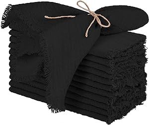TURSTIN 12 Pieces Cotton Linen Cloth Napkin Handmade Cloth Napkin with Fringe 17 x 17 Inch Soft Cloth Dinner Wedding Napkin Square Rustic Fringe Napkin for Dinners, Parties, Weddings, Black