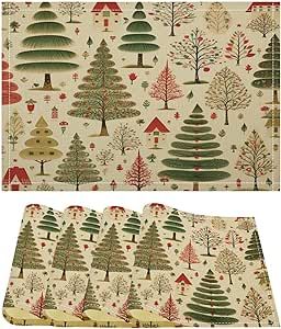 Vintage Red and Green Christmas Trees Place Mats Set of 4 Rustic Country Holiday Heat Resistant Washable Table Mats Dinner Mats Cotton Linen Table Mats Kitchen Dining Table Party Holiday Dinner