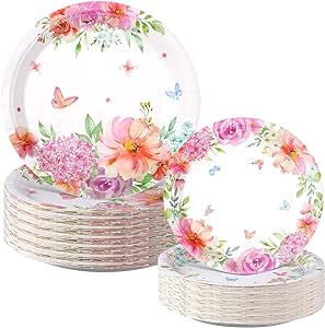 Mumufy 100 Pack Floral Paper Plates Watercolor Floral Dinner Plates and Pink Spring Flower Dessert Plates Tea Party Plates for Wedding Bridal Shower Engagement Birthday Dining