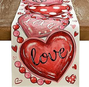 GEEORY Valentine's Day Table Runner 13 x 72 Inch, Red Hearts XOXO Love Decorative Farmhouse Table Decoration for Kitchen Dinning, Indoor Outdoor Dinner Party (White) GT128-72