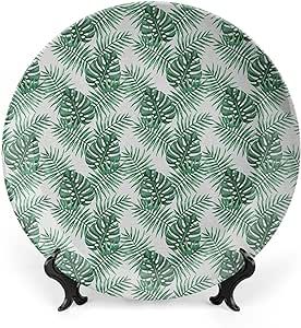XISUNYA 10 Inch Decorative Plate, Leaf Dinner Plate, Palm Mango Banana Tree Jungle Print Ornament Display Plate Decor Accessory for Dining, Parties, Wedding, Forest Green