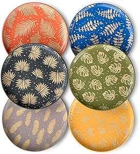 Mora Ceramic Boho Leaves Dinner Plates Set of 6, 10in. Microwave, Oven, and Dishwasher Safe. Scratch Resistant, Modern Bohemian Leaf Pattern Dinnerware - Kitchen Party Serving Dishes - Bold Colors