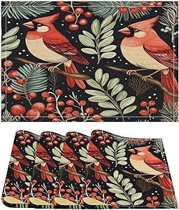 Table Placemats Set of 4, Winter Christmas Cardinal Bird Red Berries Cotton Linen Pad Placemat Cardinals Angels are Near Floral Red Dinner Mats Heat-Resistant Tablemats Xmas Placemat