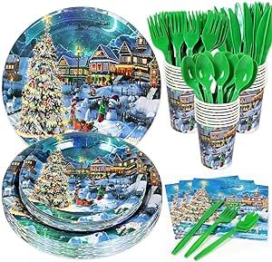 168Pcs Christmas Party Supplies Happy New Year Tableware Set (Serves 24) Dinner Plates, Dessert Plates, Cups, Napkins, Knives, Forks, Spoons. Winter Party Decorations Plates and Napkins Set