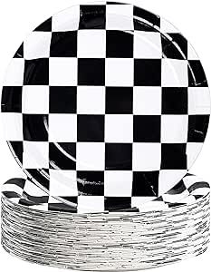 50 Packs Racing Car Paper Plates 9" Black and White Disposable Plates Checkered Flag Party Plates Round Dessert Dinner Paper Plate for Race Car Party Supplies Kids Birthday Tableware