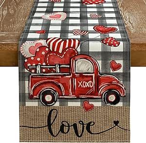 GEEORY Valentine's Day Table Runner 13 x 90 Inch, Buffalo Plaid Truck Love Hearts Decorative Farmhouse Table Decoration for Kitchen Dinning, Indoor Outdoor Dinner Party (White Black) GT137-90