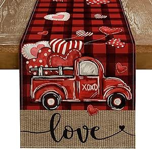 GEEORY Valentine's Day Table Runner 13 x 72 Inch, Buffalo Plaid Truck Love Hearts Decorative Farmhouse Table Decoration for Kitchen Dinning, Indoor Outdoor Dinner Party (Red Black) GT136-72
