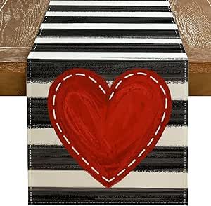 GEEORY Valentine's Day Table Runner 13 x 72 Inch, Red Heart Striped Decorative Farmhouse Table Decoration for Kitchen Dinning, Indoor Outdoor Dinner Party GT135-72