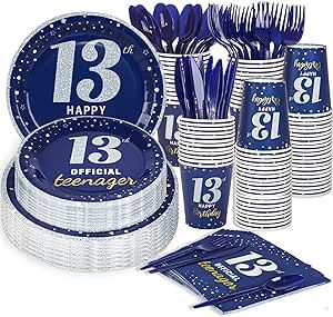 168 Pcs 13th Birthday Party Supplies Official Teenager 13th Tableware Table Decorations Navy Blue and Silver Birthday Plates Dinnerware for for Teenager Boys Girls Favor Serve 24