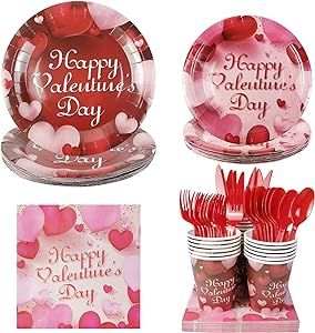 Valentine's Day Disposable Red Hearts Party Dinnerware Set, Includes Plates Cups Napkins Spoons Forks and Knives for Valentine's Day Anniversary Party Supplies Decoration