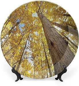 XISUNYA 10 Inch Decorative Plate, Nature Dinner Plate, Fall Aspen Tree Leaves in Faded Tone Autumn Print Ceramic Wall Hanging Decor Accessory for Dining Table Tabletop Home Decor, Yellow