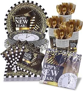 Jubi Happy New Year Paper Dinnerware Set for 30 - Black and Gold Party Supplies, Gold Party Plates, New Year’s Eve Dinner, Happy New Year Decorations 2024